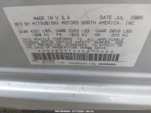 2006 MITSUBISHI GALANT 4A3AB36F86E011882 Photo 8