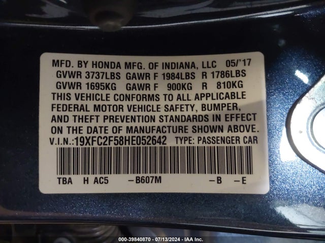 Honda Civic Lx 2017 19XFC2F58HE052642 Image 9
