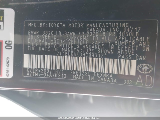 Toyota COROLLA LE 2017 2T1BURHE3HC893171 Image 9