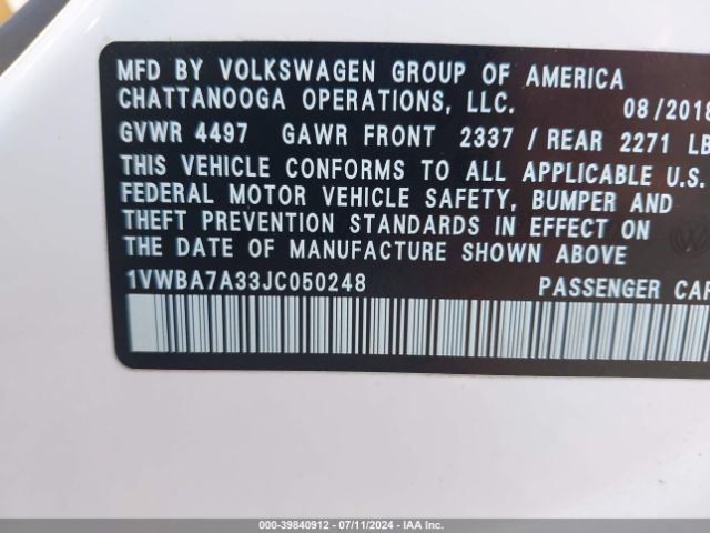 1VWBA7A33JC050248 Volkswagen Passat 2.0t Se