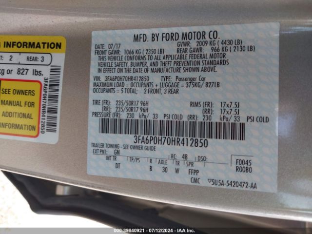 3FA6P0H70HR412850 Ford FUSION SE
