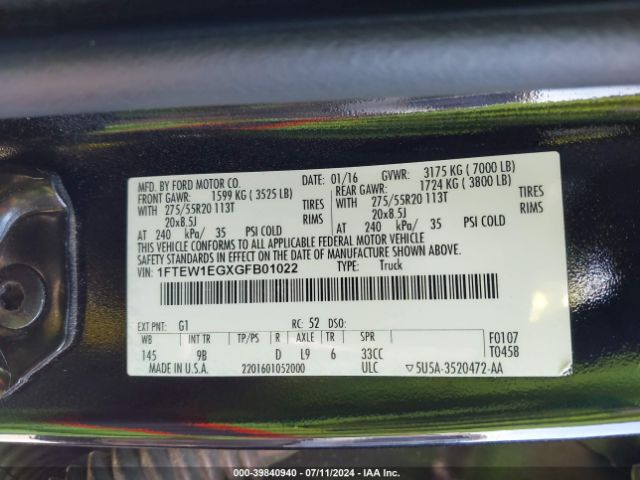 1FTEW1EGXGFB01022 Ford F-150 Platinum