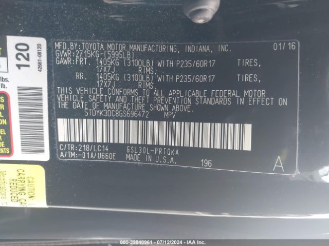 5TDYK3DC8GS696472 Toyota Sienna Xle Premium 8 Passenger