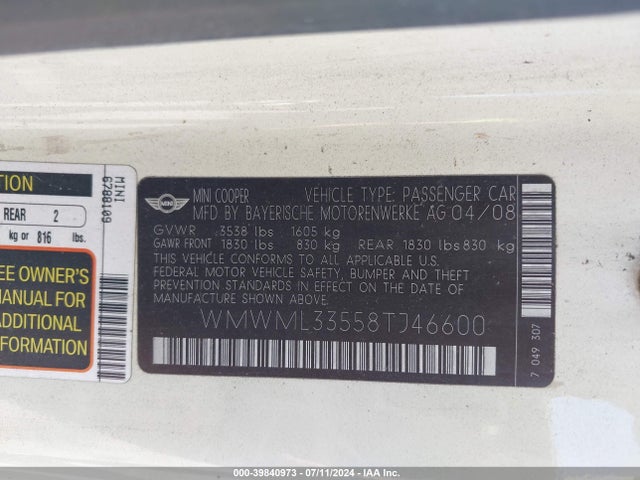 2008 MINI COOPER CLUBMAN WMWML33558TJ46600 Photo 8