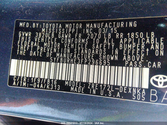 Toyota Corolla Le Plus 2015 5YFBURHE3FP296695 Image 9