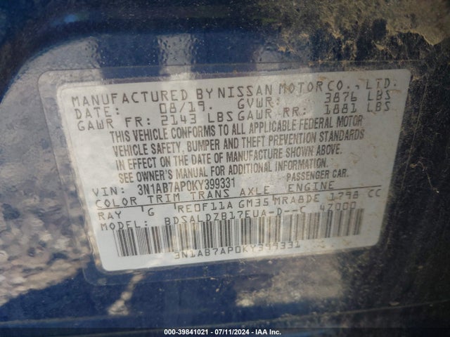 Nissan SENTRA SV 2019 3N1AB7AP0KY399331 Image 9