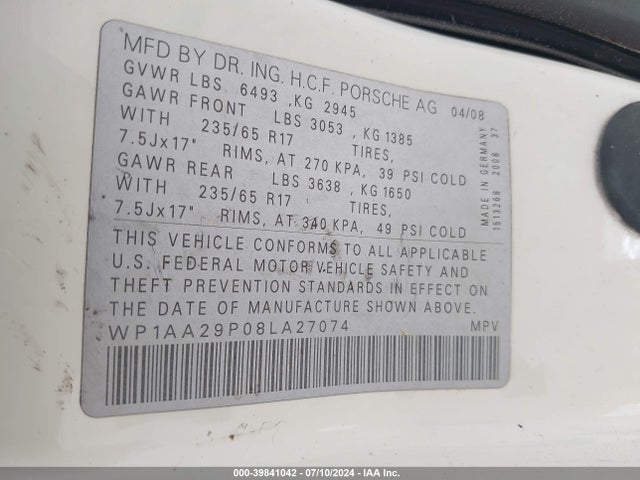 2008 PORSCHE CAYENNE WP1AA29P08LA27074 Photo 8