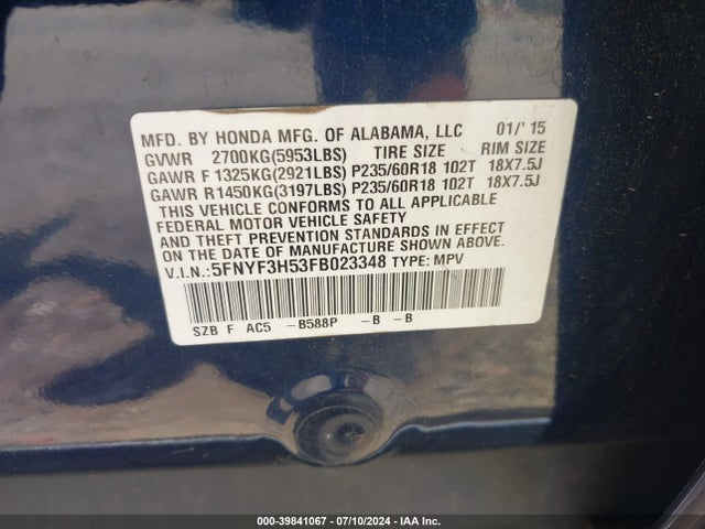 Honda Pilot Ex-l 2015 5FNYF3H53FB023348 Image 9