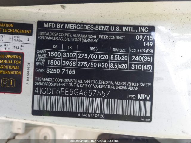 4JGDF6EE5GA657657 Mercedes-Benz Gl 450 4matic