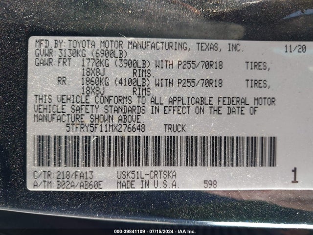 Toyota Tundra Sr 2021 5TFRY5F11MX276648 Image 9