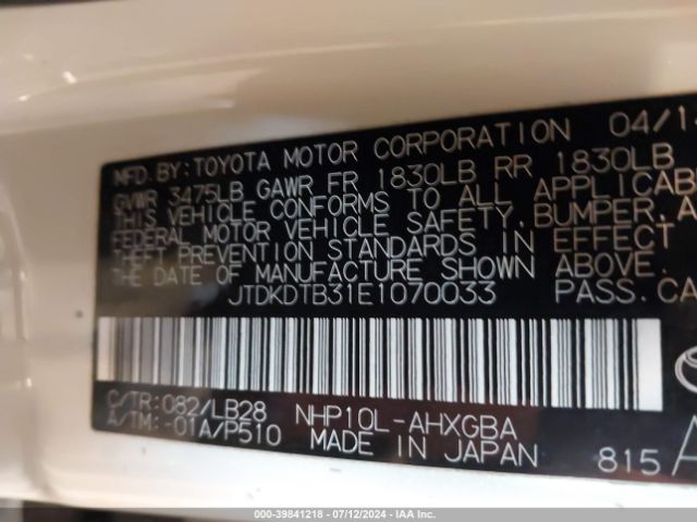 JTDKDTB31E1070033 Toyota Prius C Four