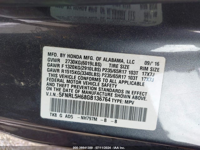 Honda Odyssey Ex-l 2016 5FNRL5H68GB136764 Image 9