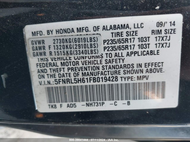 Honda Odyssey Ex-l 2015 5FNRL5H61FB019428 Image 9