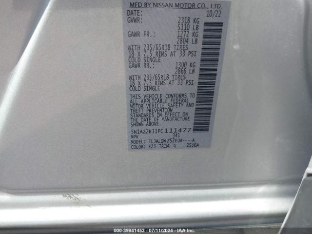 5N1AZ2BJ1PC111477 Nissan Murano Sv Fwd