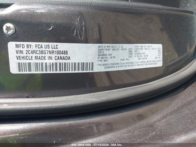 2C4RC3BG7NR100488 Chrysler Pacifica Touring L Awd