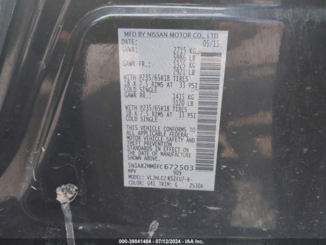 5N1AR2MM0FC672503 Nissan Pathfinder Platinum/s/sl/sv