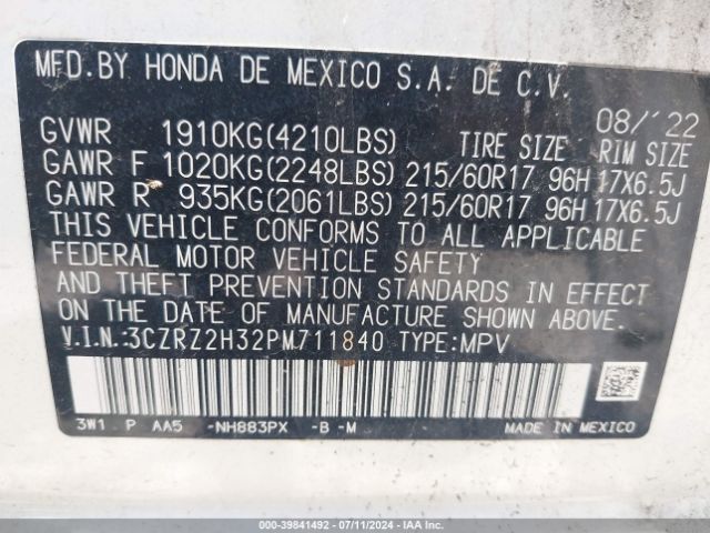 3CZRZ2H32PM711840 Honda Hr-v Awd Lx