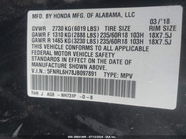 Honda Odyssey Ex-l 2018 5FNRL6H78JB097891 Image 9