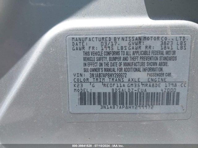 Nissan SENTRA SV 2017 3N1AB7AP8HY299972 Image 9
