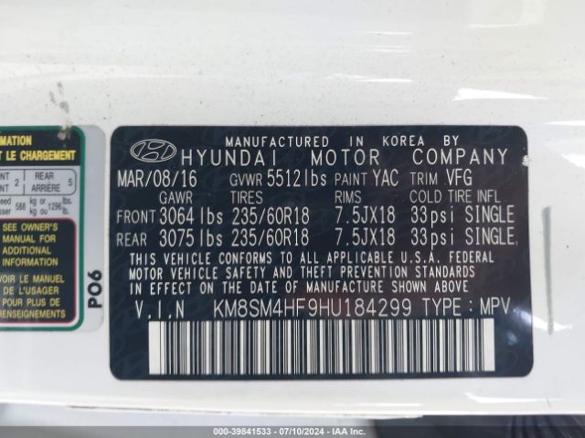 KM8SM4HF9HU184299 Hyundai Santa Fe Se