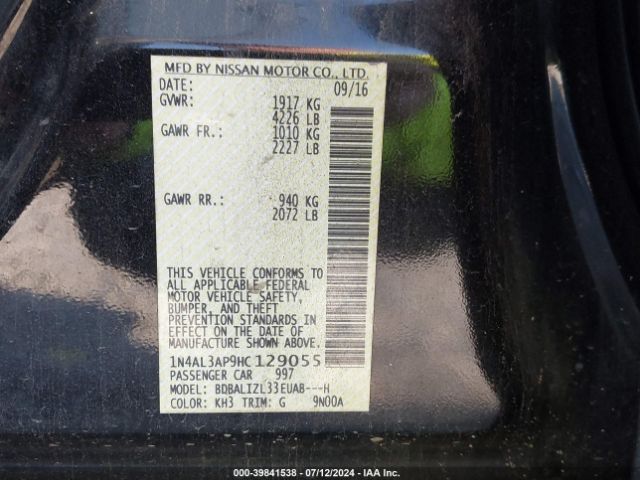 1N4AL3AP9HC129055 Nissan Altima 2.5 Sv