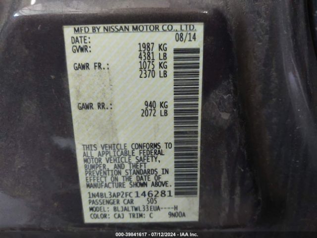 1N4BL3AP2FC146281 Nissan Altima 3.5 Sl