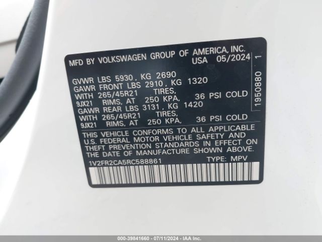 1V2FR2CA5RC588861 Volkswagen Atlas 2.0t Sel Premium R-line
