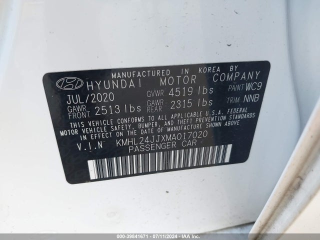 Hyundai Sonata Blue 2021 KMHL24JJXMA017020 Image 9