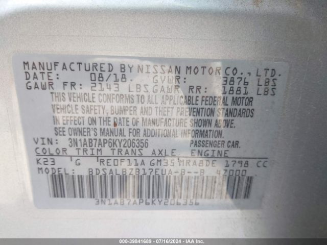 3N1AB7AP6KY206356 Nissan SENTRA S