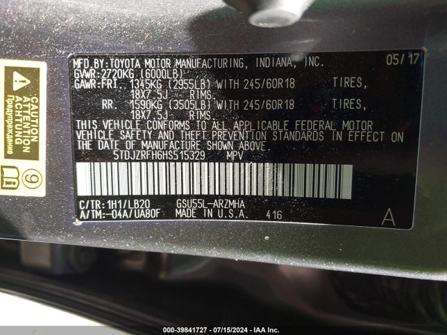 Toyota Highlander Xle 2017 5TDJZRFH6HS515329 Image 9