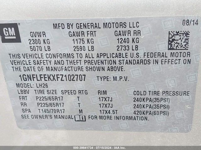 Chevrolet EQUINOX 1LT 2015 1GNFLFEKXFZ102707 Image 9