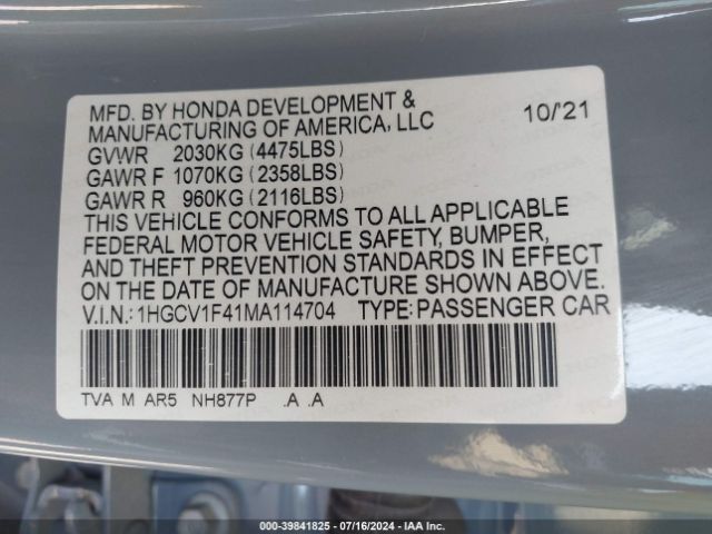 1HGCV1F41MA114704 Honda Accord Sport Special Edition