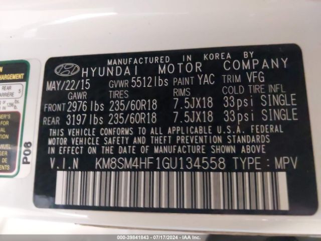 KM8SM4HF1GU134558 Hyundai Santa Fe Se