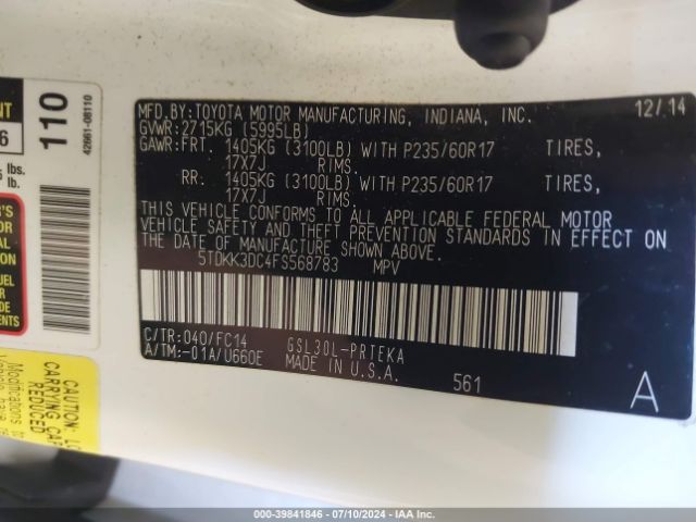 5TDKK3DC4FS568783 Toyota Sienna Le 8 Passenger