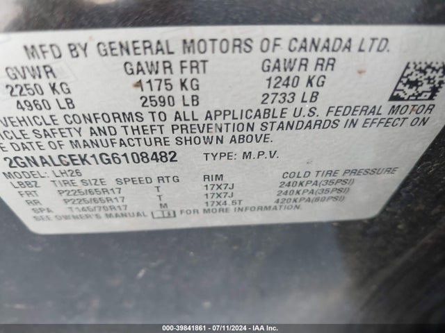 Chevrolet EQUINOX LT 2016 2GNALCEK1G6108482 Image 9