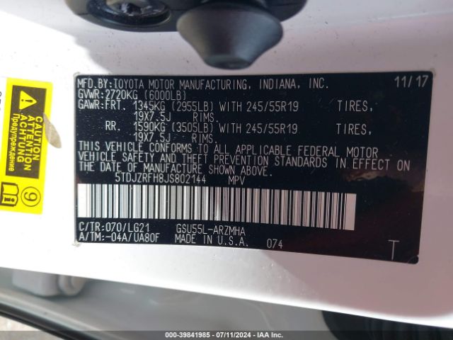 5TDJZRFH8JS802144 Toyota Highlander Se