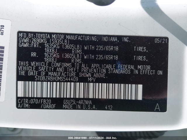 Toyota Highlander Le 2021 5TDBZRBH0MS544409 Image 9