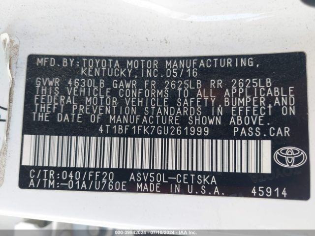 4T1BF1FK7GU261999 Toyota CAMRY SE