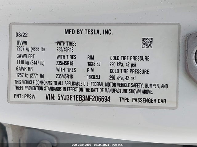 2022 TESLA MODEL 3 5YJ3E1EB3NF206694 Photo 8