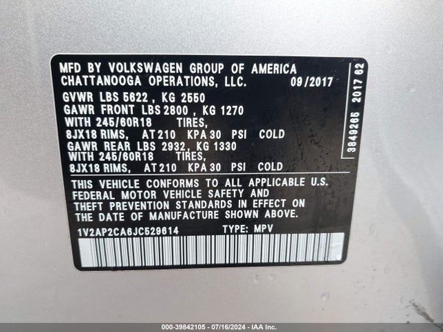 1V2AP2CA6JC529614 Volkswagen Atlas 2.0t S