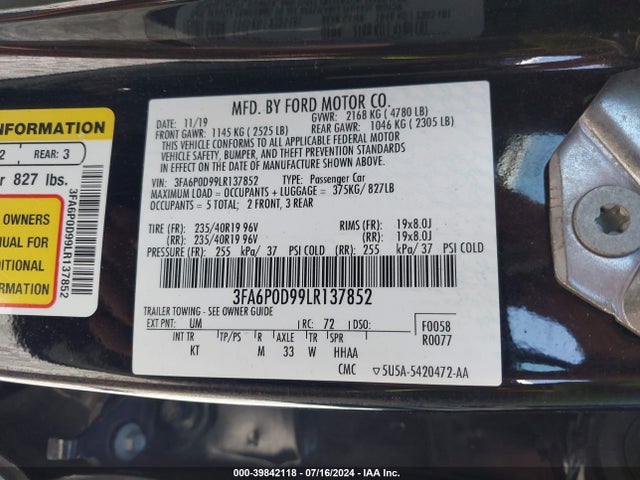 Ford Fusion Titanium 2020 3FA6P0D99LR137852 Image 9