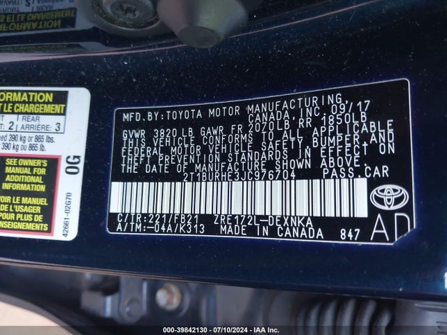 Toyota COROLLA LE 2018 2T1BURHE3JC976704 Image 9
