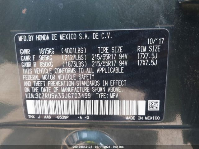 3CZRU5H33JG703459 Honda HR-V LX