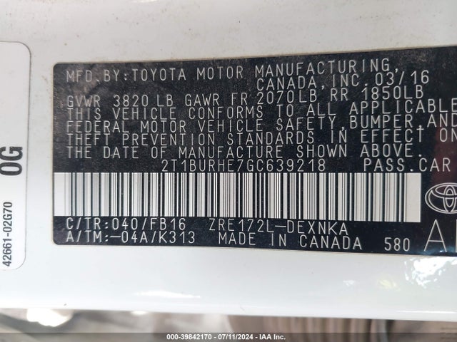Toyota COROLLA LE 2016 2T1BURHE7GC639218 Image 9