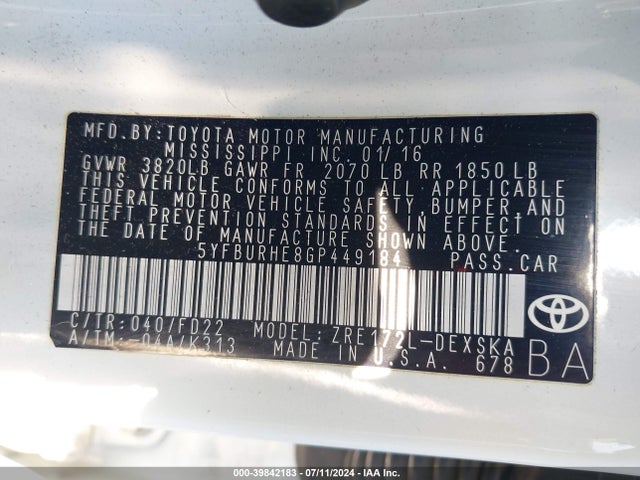 Toyota Corolla S Plus 2016 5YFBURHE8GP449184 Image 9