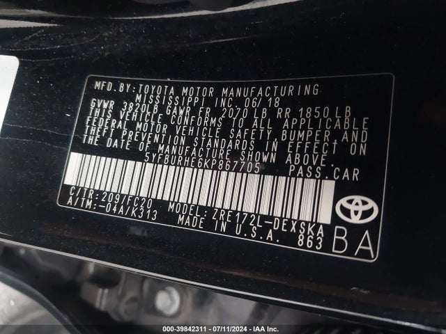 Toyota COROLLA SE 2019 5YFBURHE6KP867705 Image 9