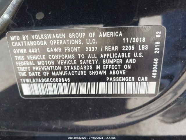 1VWLA7A30KC009646 Volkswagen Passat 2.0t Wolfsburg Edition