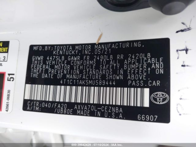 4T1C11AK5MU589444 Toyota CAMRY LE
