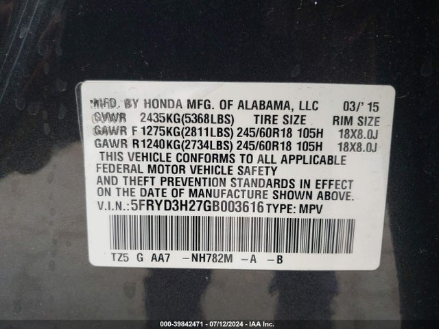 5FRYD3H27GB003616 Acura Mdx Acurawatch Plus Package