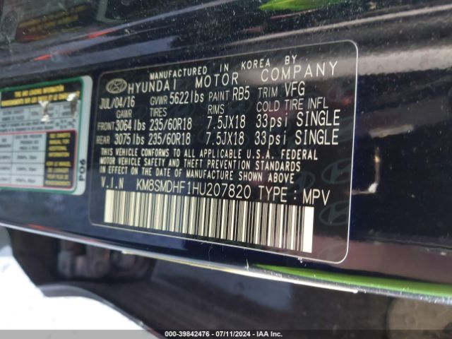 KM8SMDHF1HU207820 Hyundai Santa Fe Se